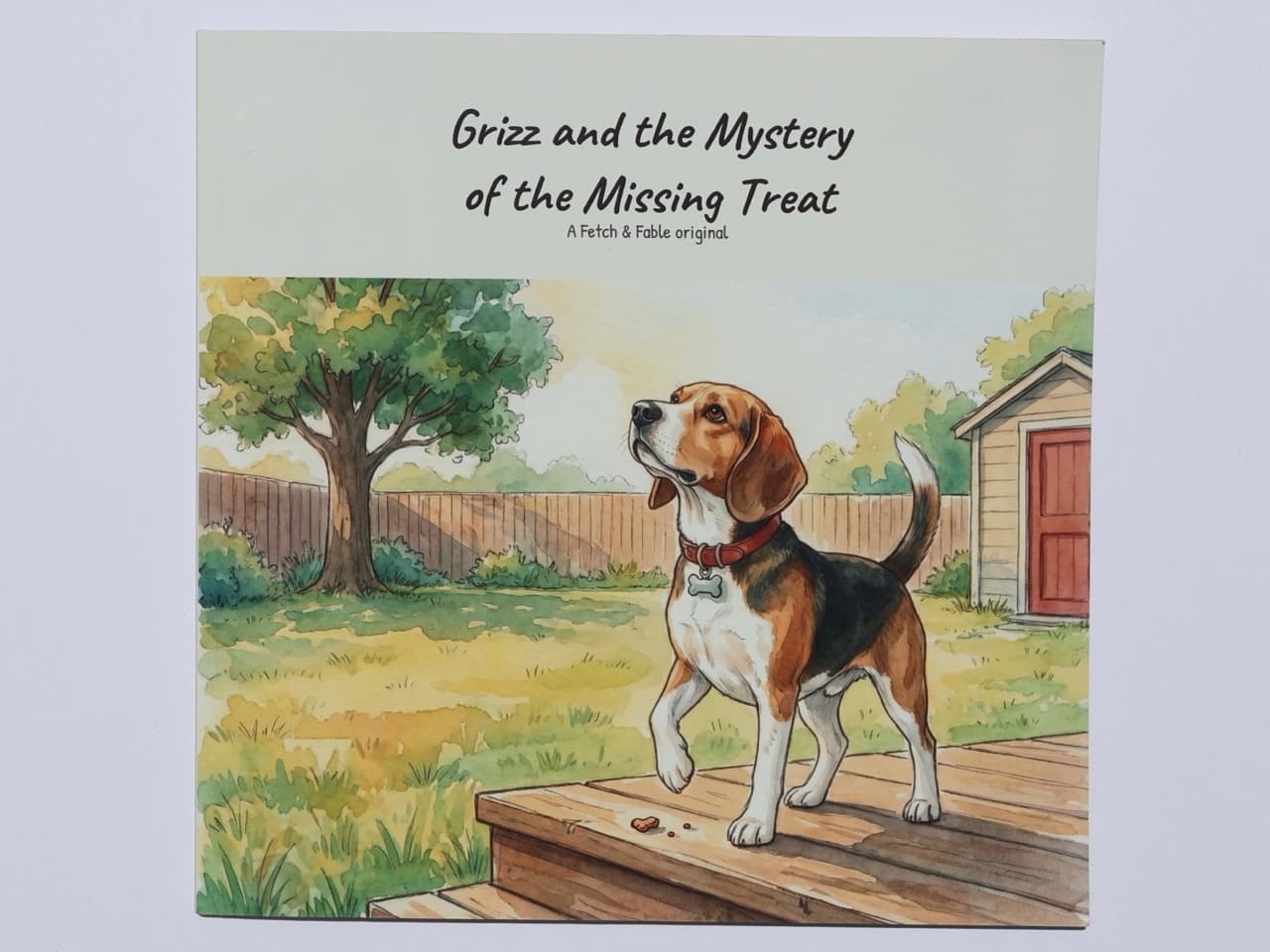 The printed softcover book, “Grizz and the Mystery of the Missing Treat,” on a table